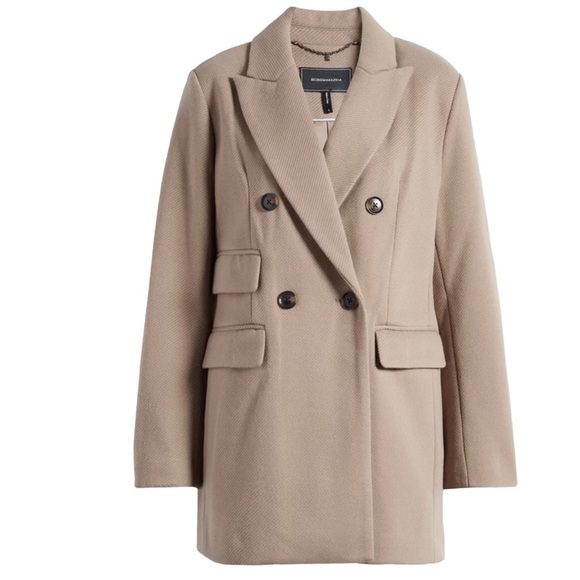 BCBGMAXAZRIA Women’s Peak Lapel Double Breasted Coat Size L Stone Color Classic - Picture 4 of 12